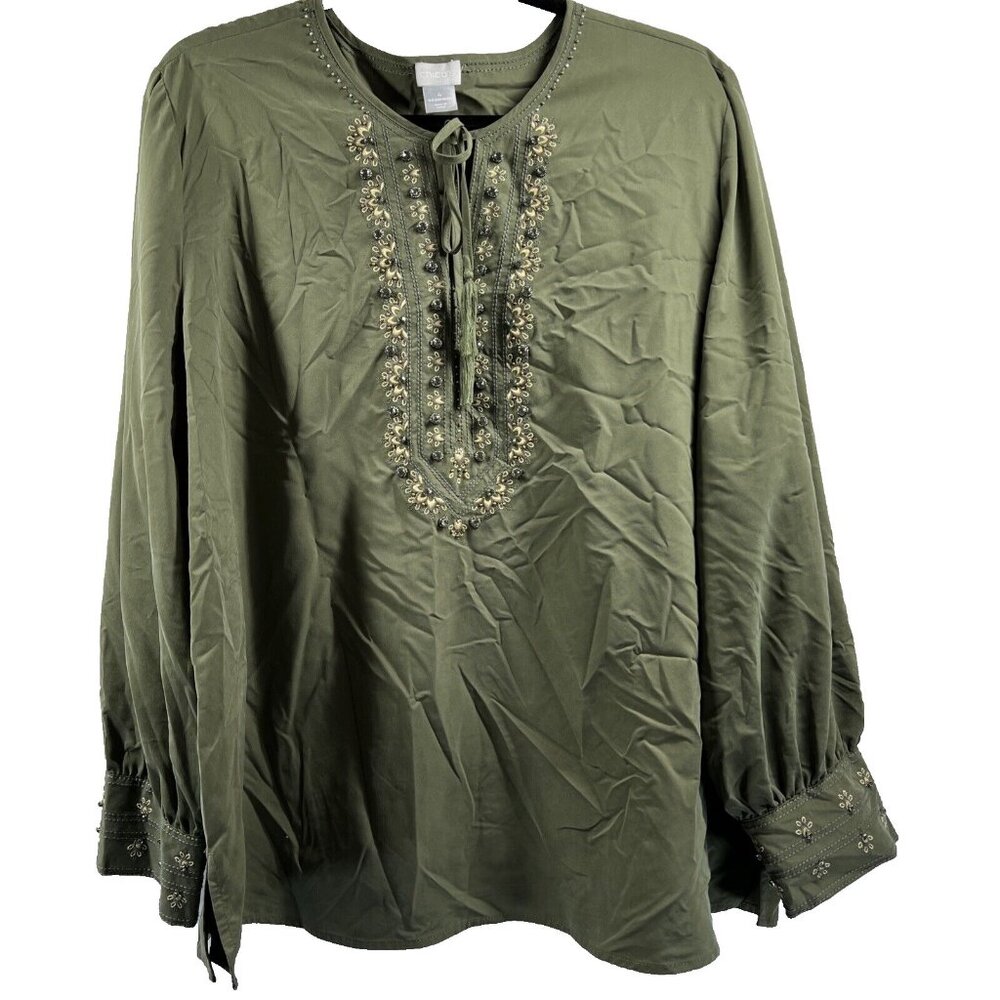 Chicos Women's Top Plus XXL 2X Green Beaded Bohemian Long Sleeve Snap Cuff Ties